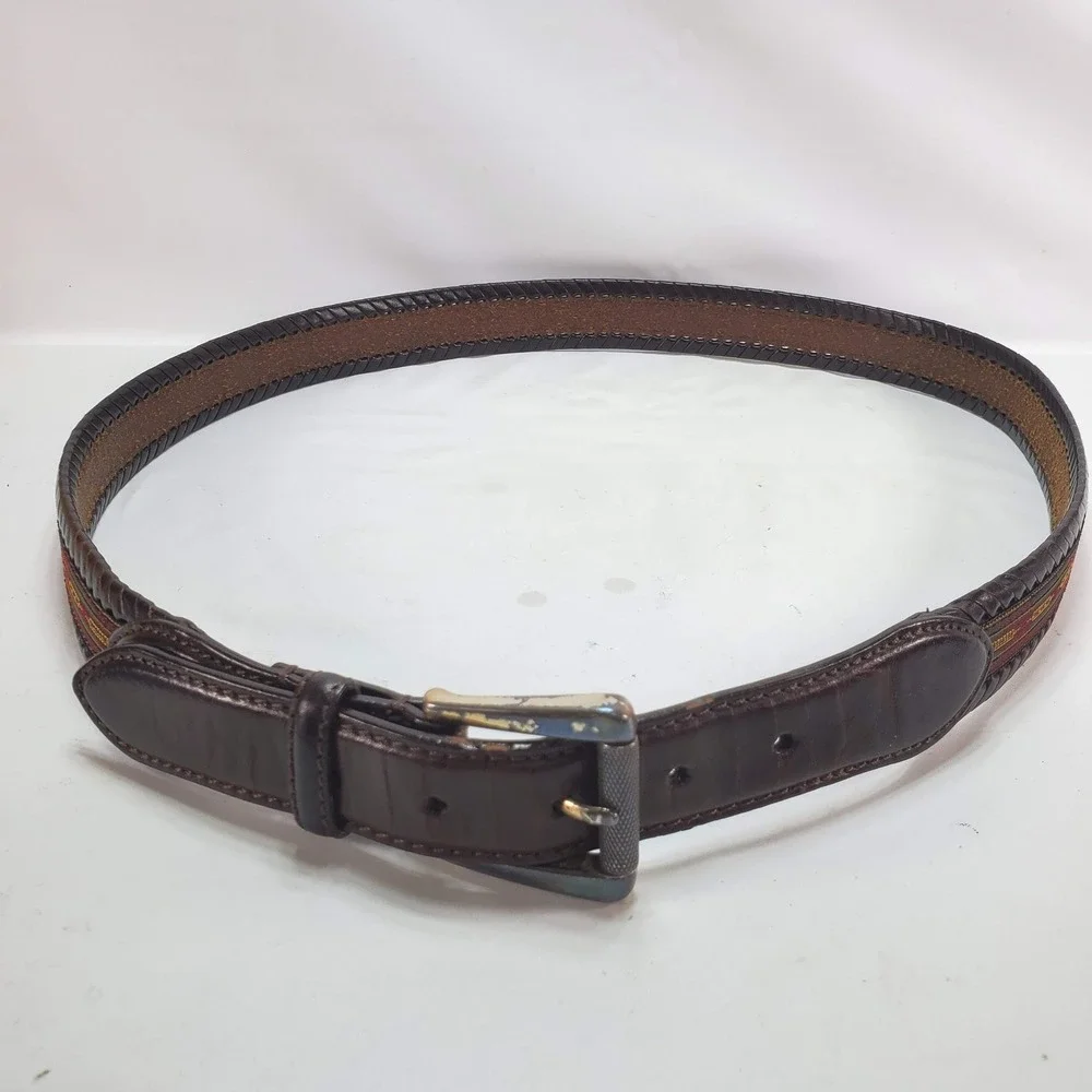 Orvis Belt Mens 40 Brown Leather Braided Edge Southwestern Woven Inlay USA Aztec